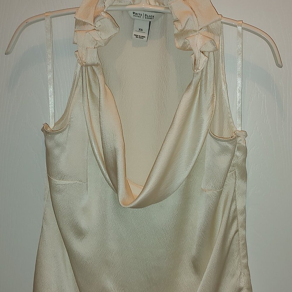 WHBM HAMMERED SILK BLOUSE SLEEVELESS RUFFLE COLLAR COWL NECK IVORY XS-S